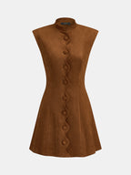 Wave Placket Stand Collar Suede Effect Women's Elegant Casual Dress