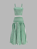 Striped Cotton Two Piece Midi Skirt Set with Tie Waist Detail