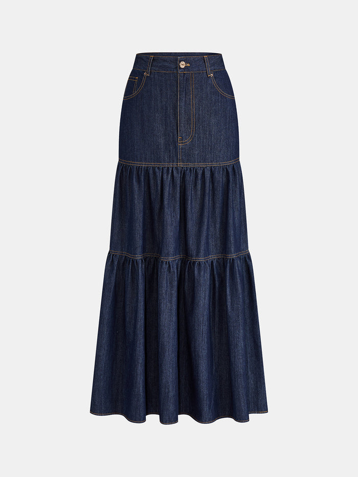 Layered Flowy Denim Maxi Skirt for Women Casual Style