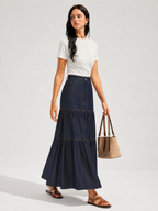 Layered Flowy Denim Maxi Skirt for Women Casual Style