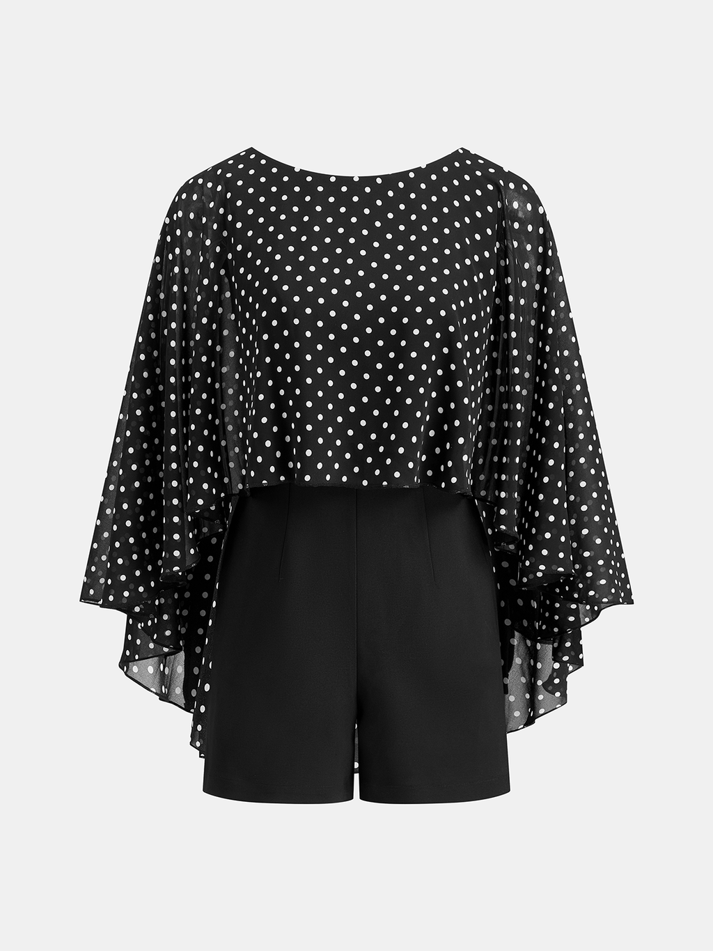 Polka Dot Cape Chiffon Romper with Belted Waist Detail