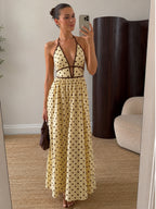 Polka Dot Halter Cotton Linen Midi Dress for Summer Casual Wear