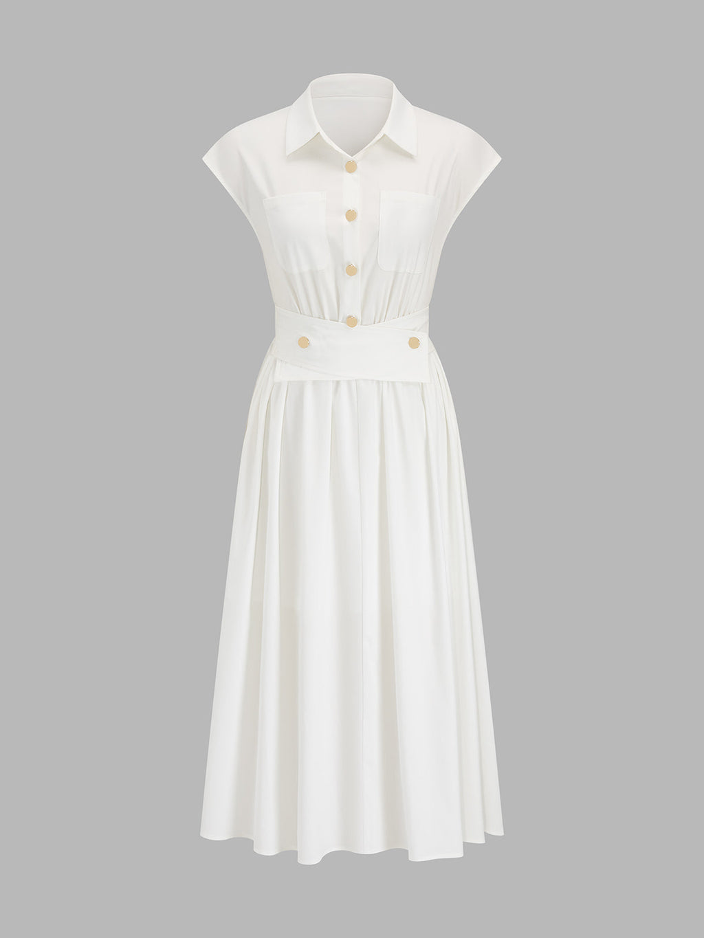 Cap Sleeve Cinched Waist Shirt Midi Dress with Side Pockets and V-Neck