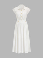 Cap Sleeve Cinched Waist Shirt Midi Dress with Side Pockets and V-Neck