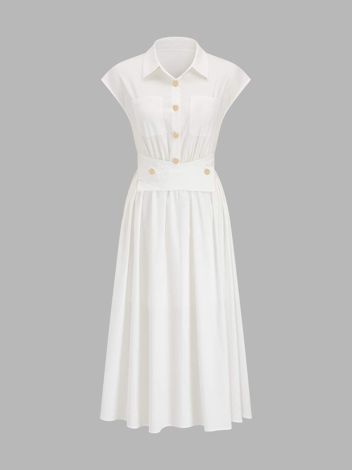Cap Sleeve Cinched Waist Shirt Midi Dress with Side Pockets and V-Neck