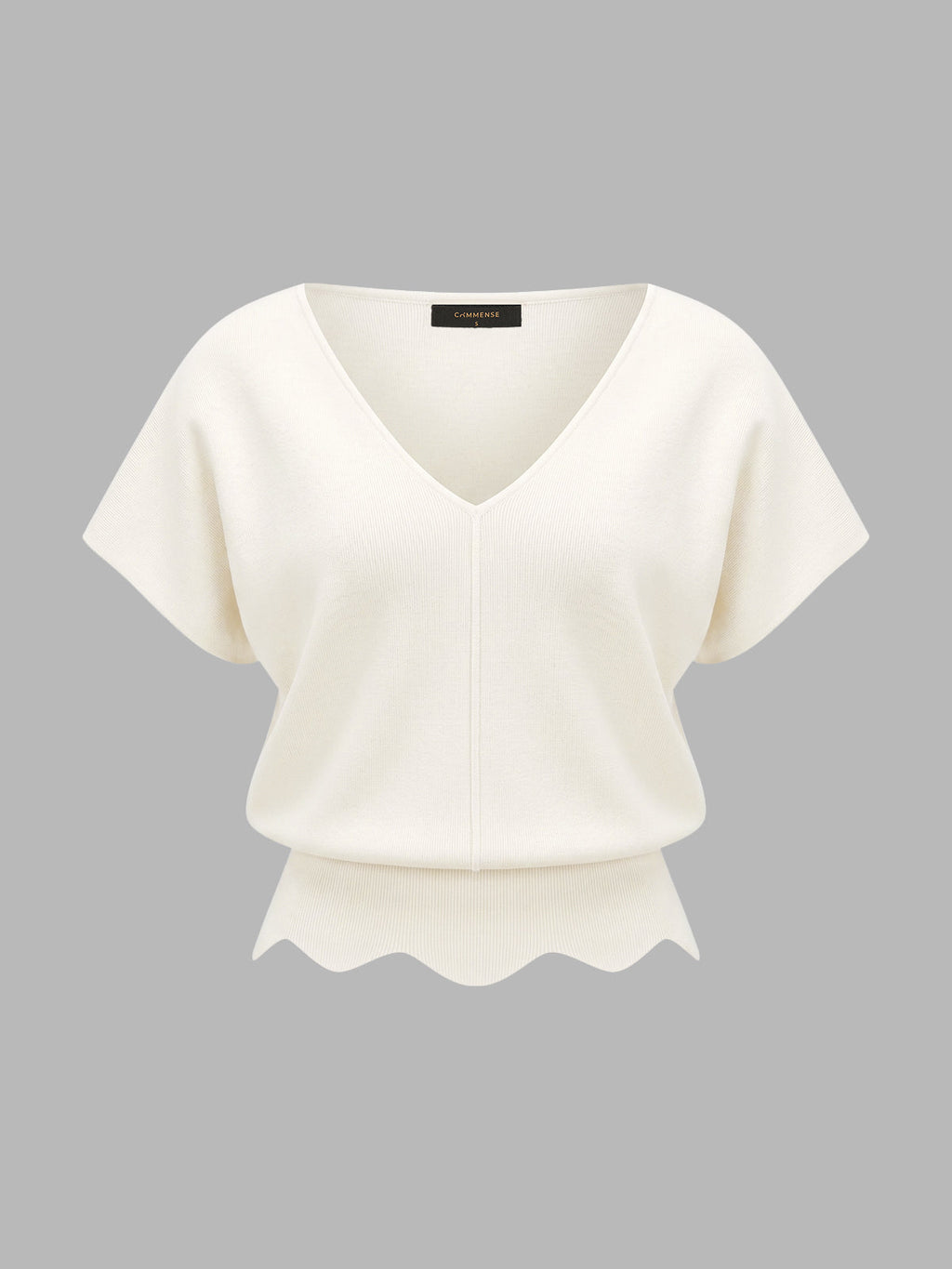 V-Neck Scalloped Hem Knit Top Women's Casual Pullover Sweater