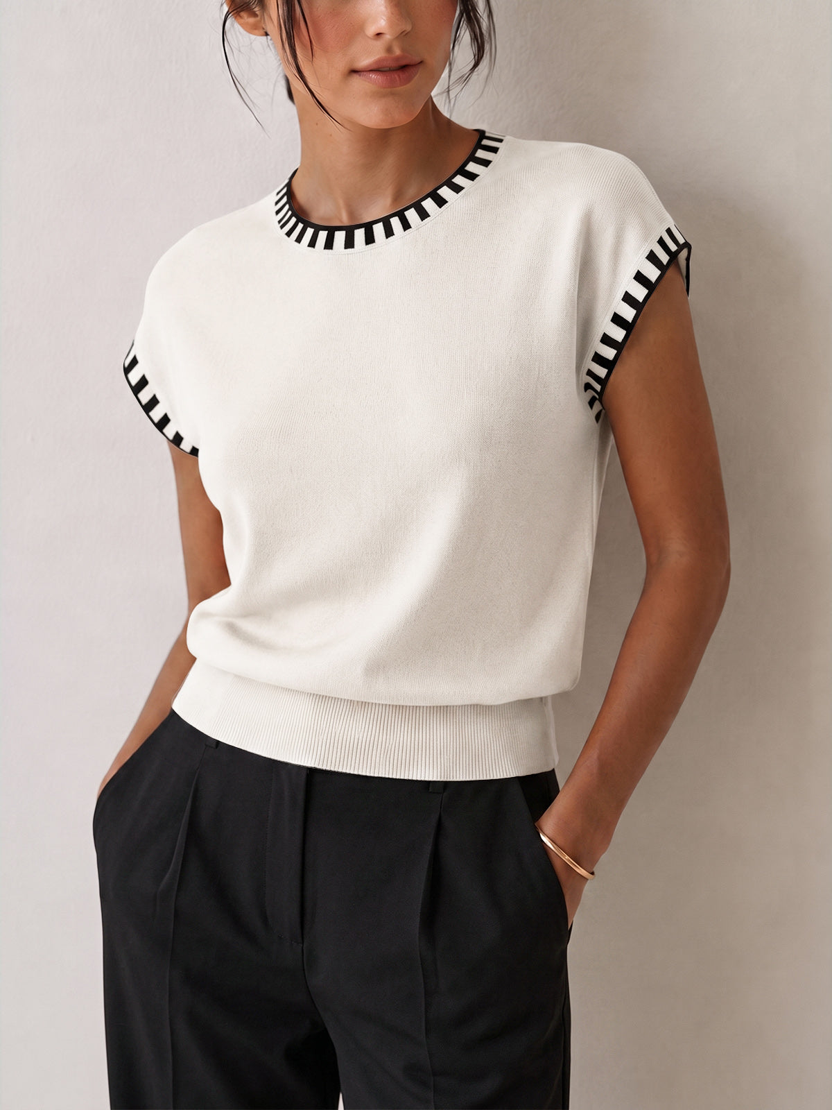 Contrast Trim Cap Sleeve Knit Top for Women Casual Wear