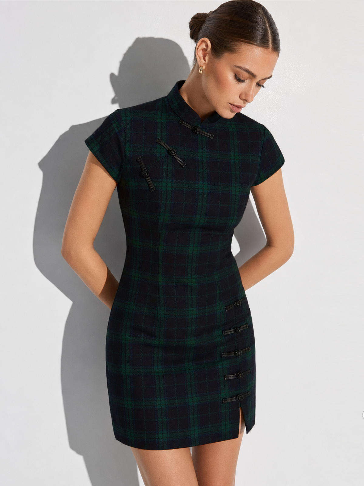 Plaid Frog Button Bodycon Mini Dress Classic Trendy Fit