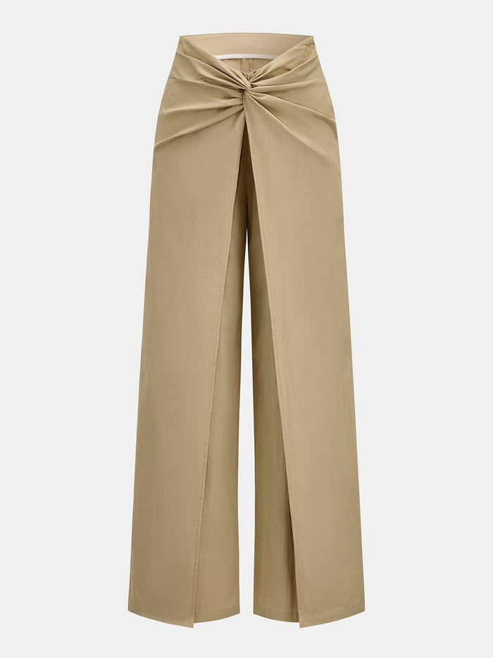 Twist Front Wrap Overlay Wide Leg Pants for Women, High Waist Elegant Style