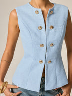 Metal Detail Tweed Casual Vest with Button Front Closure