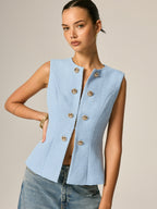 Metal Detail Tweed Casual Vest with Button Front Closure