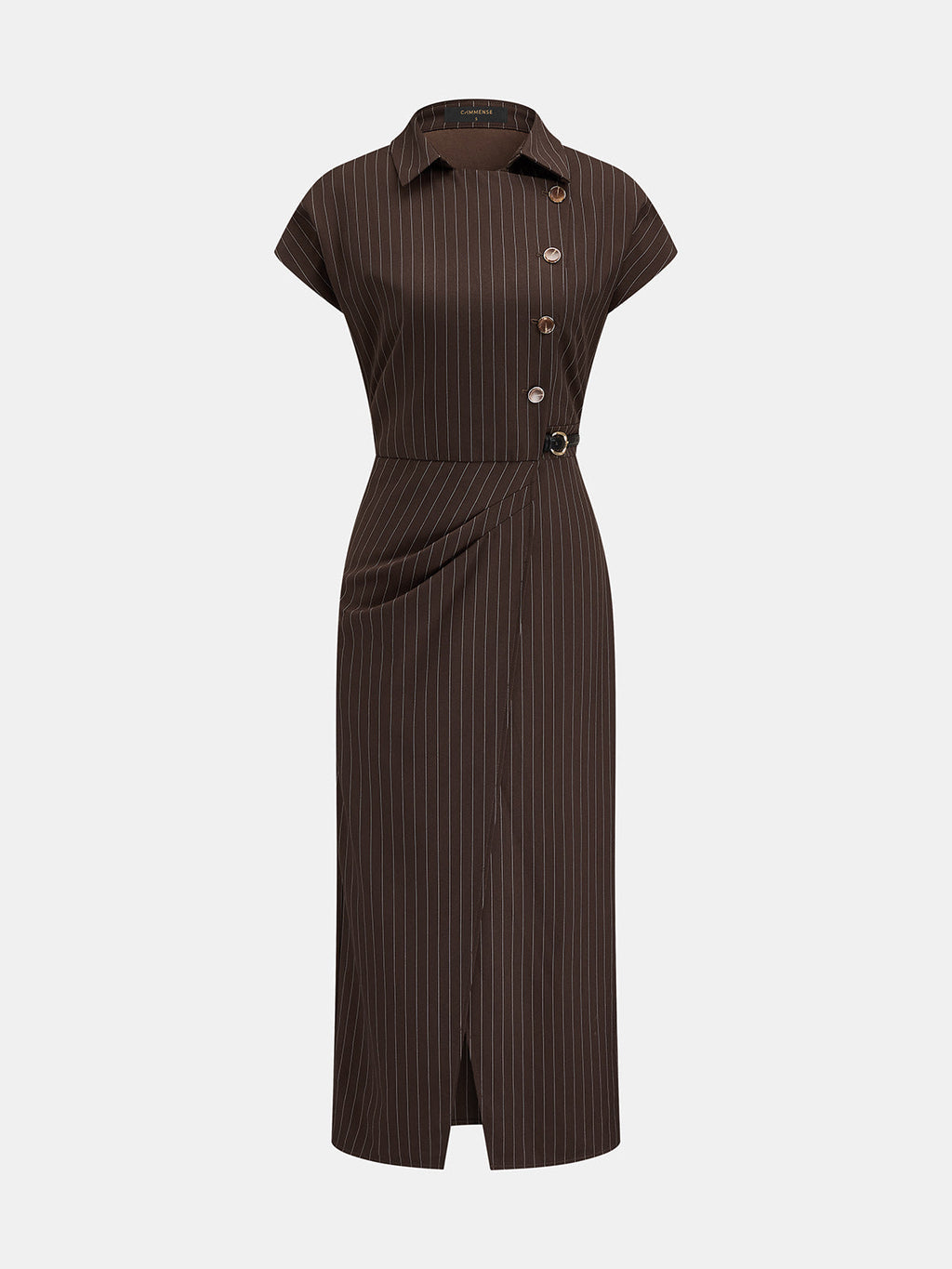 Collared Pinstripe Belted Slit Midi Dress Women's Office Wear Spring Collection