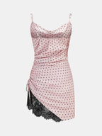 Polka Dot Ruched Lace Cami Mini Dress with Adjustable Straps