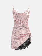 Polka Dot Ruched Lace Cami Mini Dress with Adjustable Straps