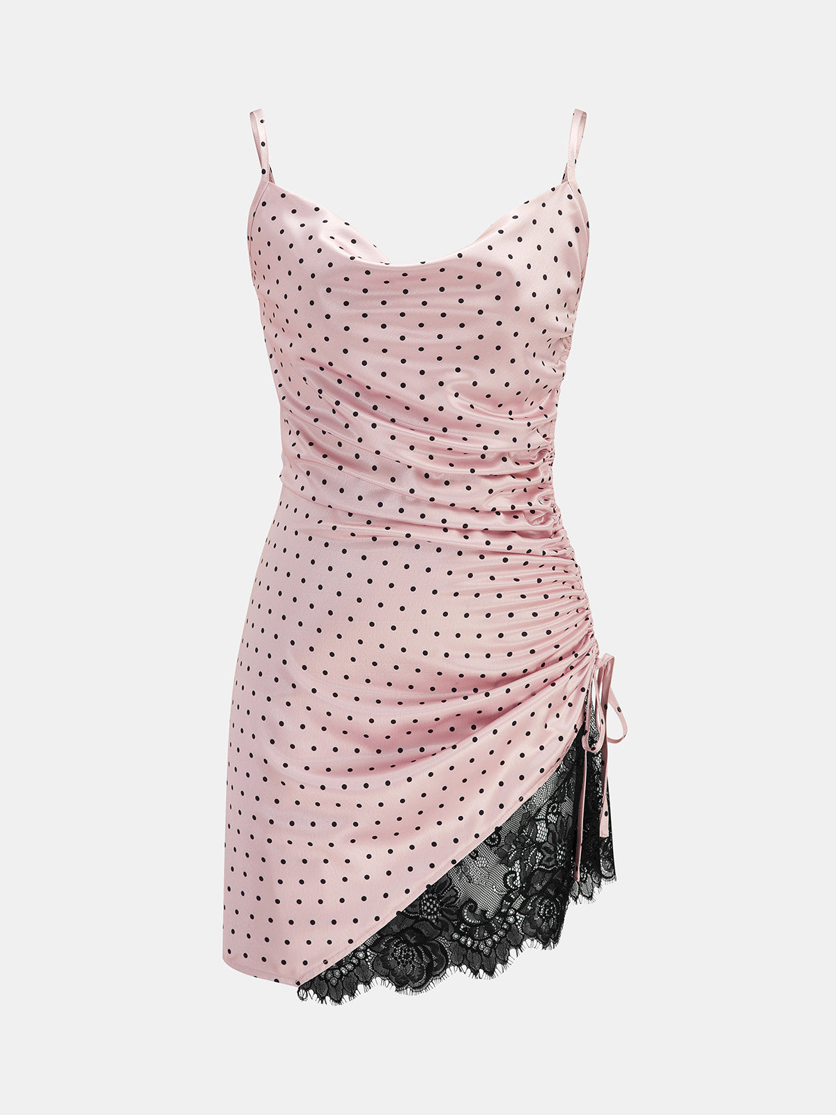 Polka Dot Ruched Lace Cami Mini Dress with Adjustable Straps