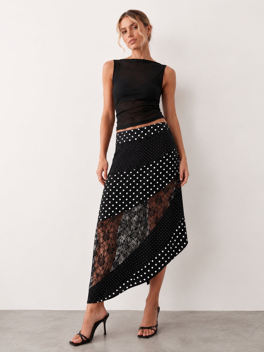 Polka Dot Lace Patchwork Asymmetric Midi Skirt - Elegant Women’s Casual Wear