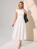 Cap Sleeve Cinched Waist Shirt Midi Dress with Side Pockets and V-Neck