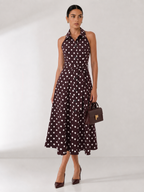 Polka Dot Halter Belted Cotton Linen Midi Dress Women's Summer Fashion