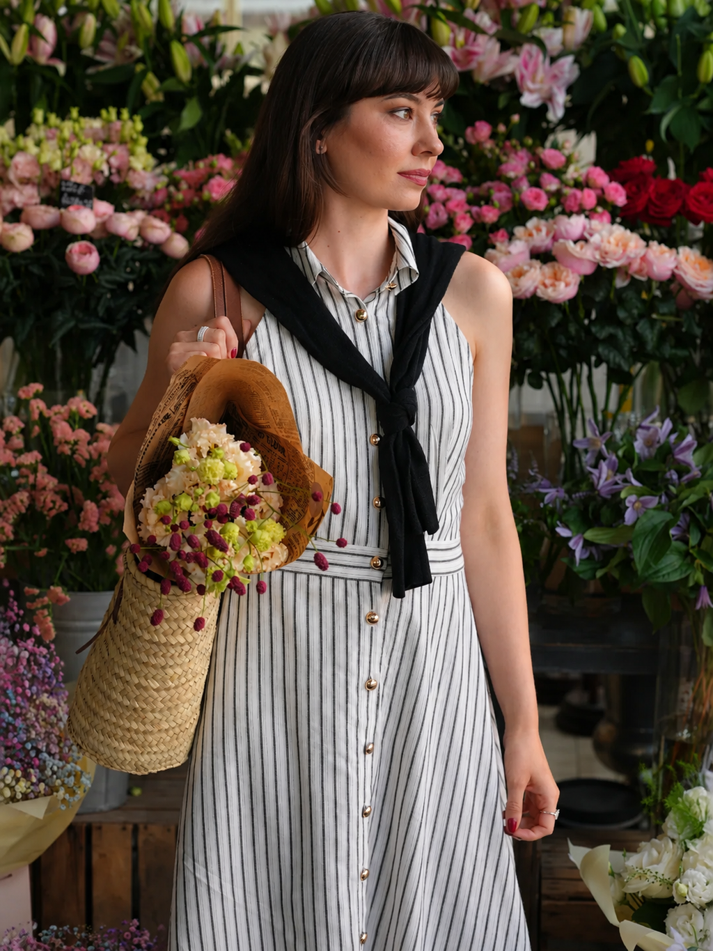 Striped Cotton Buttoned Maxi Dress with Side Pockets and Belt