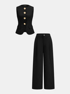 Flower Button Sleeveless Vest & Pants Set, Casual Summer Outfit for Women