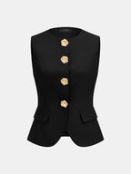 Flower Button Sleeveless Vest & Pants Set, Casual Summer Outfit for Women
