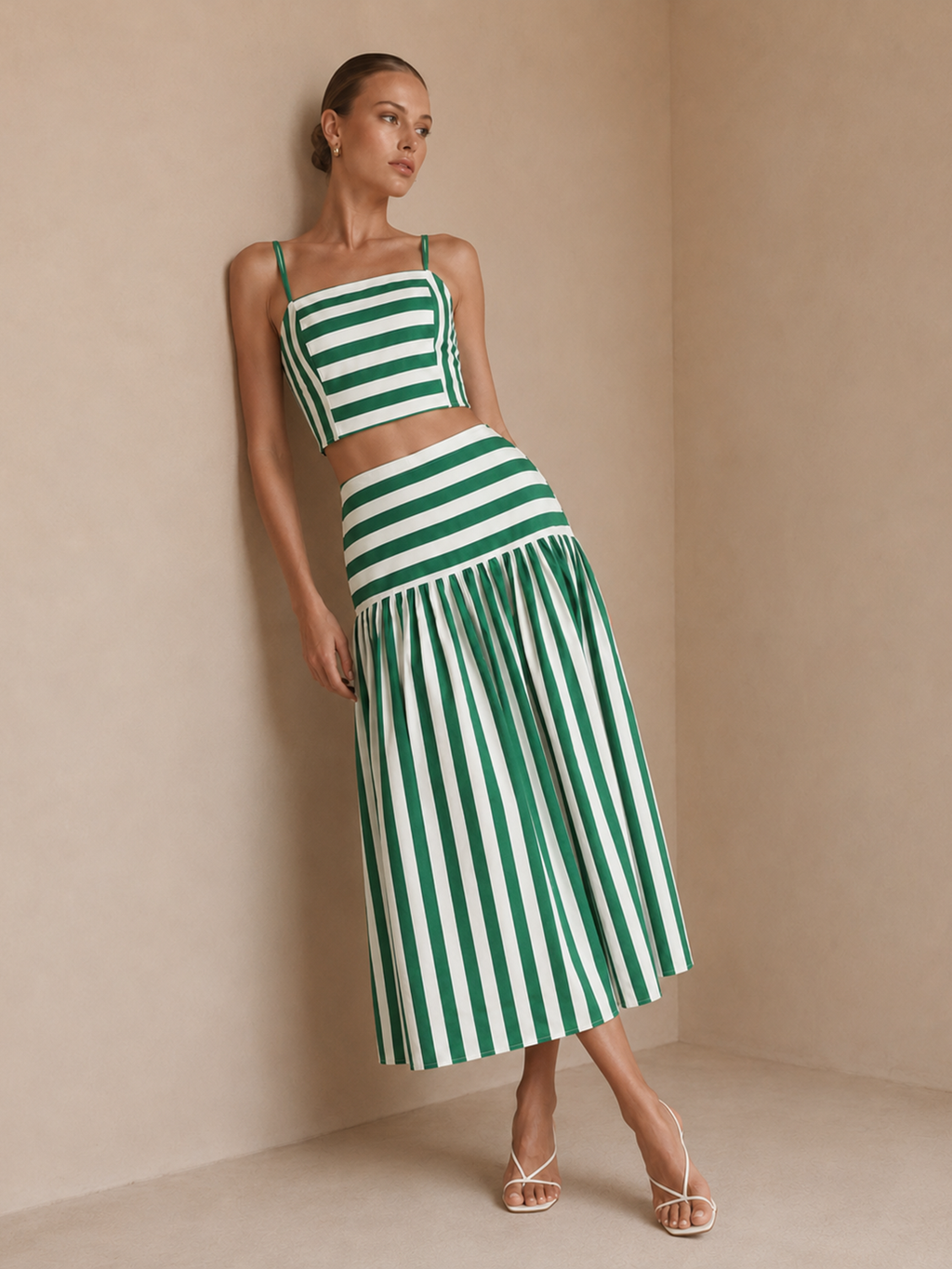 Striped Cotton Two Piece Midi Skirt Set with Tie Waist Detail