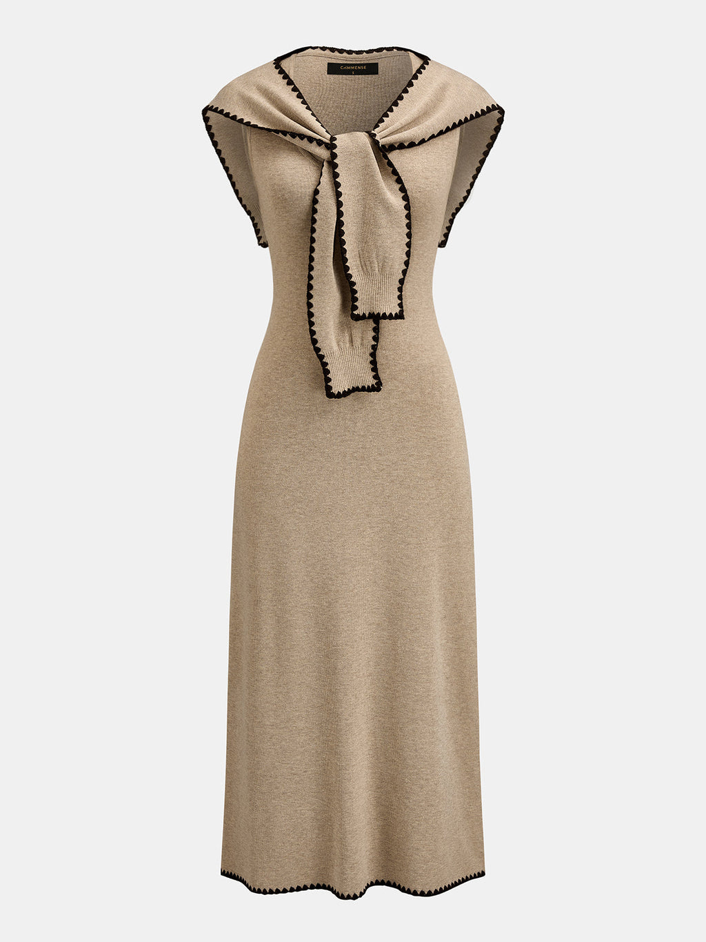 Tie Cape Contrast Trim Elegant Knit Midi Dress for Women