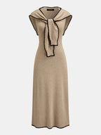 Tie Cape Contrast Trim Elegant Knit Midi Dress for Women
