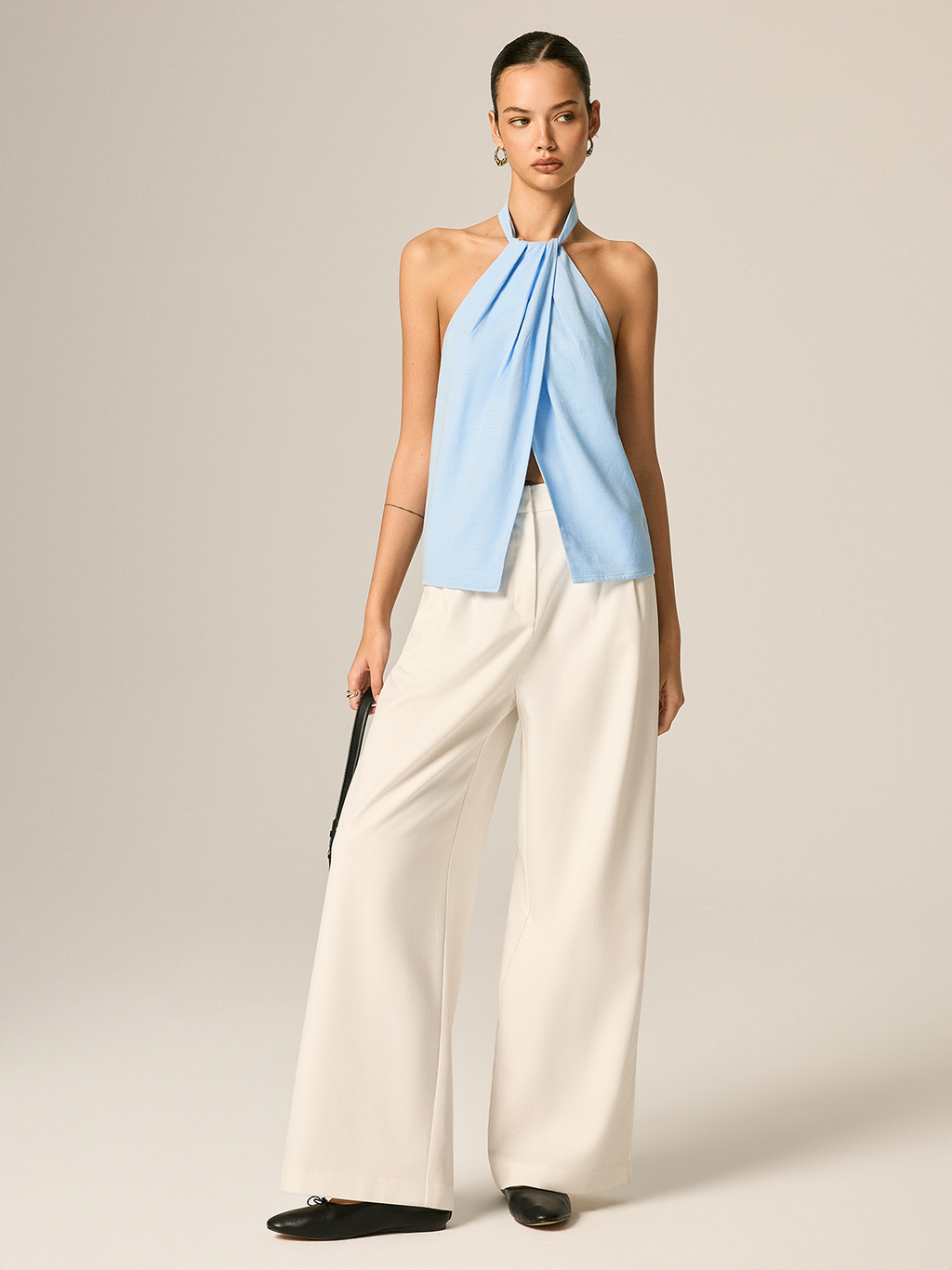Halter Neck Front Slit Linen Blend Women's Summer Top
