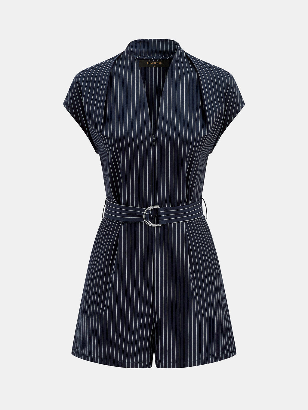 Striped Belted V-Neck Cap Sleeve Romper with Tie Waist Detail