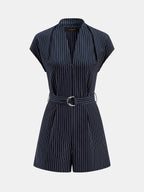Striped Belted V-Neck Cap Sleeve Romper with Tie Waist Detail