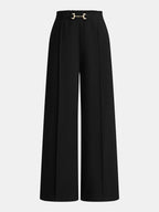 Metal Buckle Mid Waist Straight Leg Pants with Pockets and Zip Closure