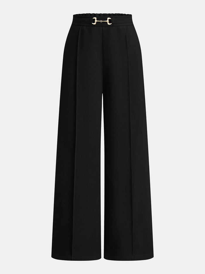 Metal Buckle Mid Waist Straight Leg Pants with Pockets and Zip Closure