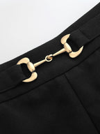 Metal Buckle Mid Waist Straight Leg Pants with Pockets and Zip Closure