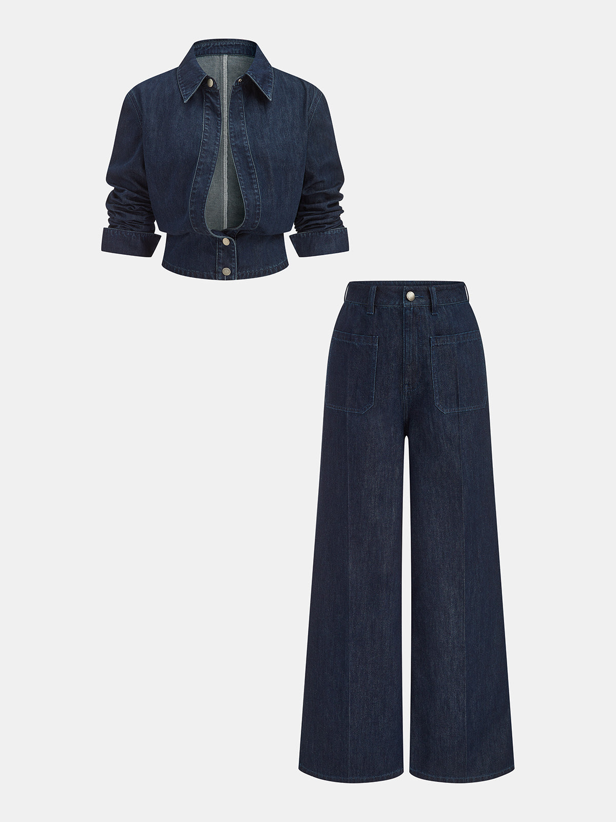 Denim Cropped Shirt & Wide Leg Jeans Set - Trendy Casual Outfit for Women