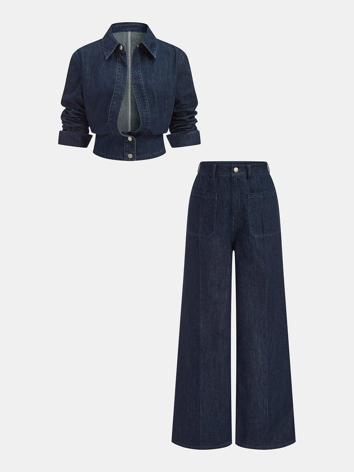 Denim Cropped Shirt & Wide Leg Jeans Set - Trendy Casual Outfit for Women