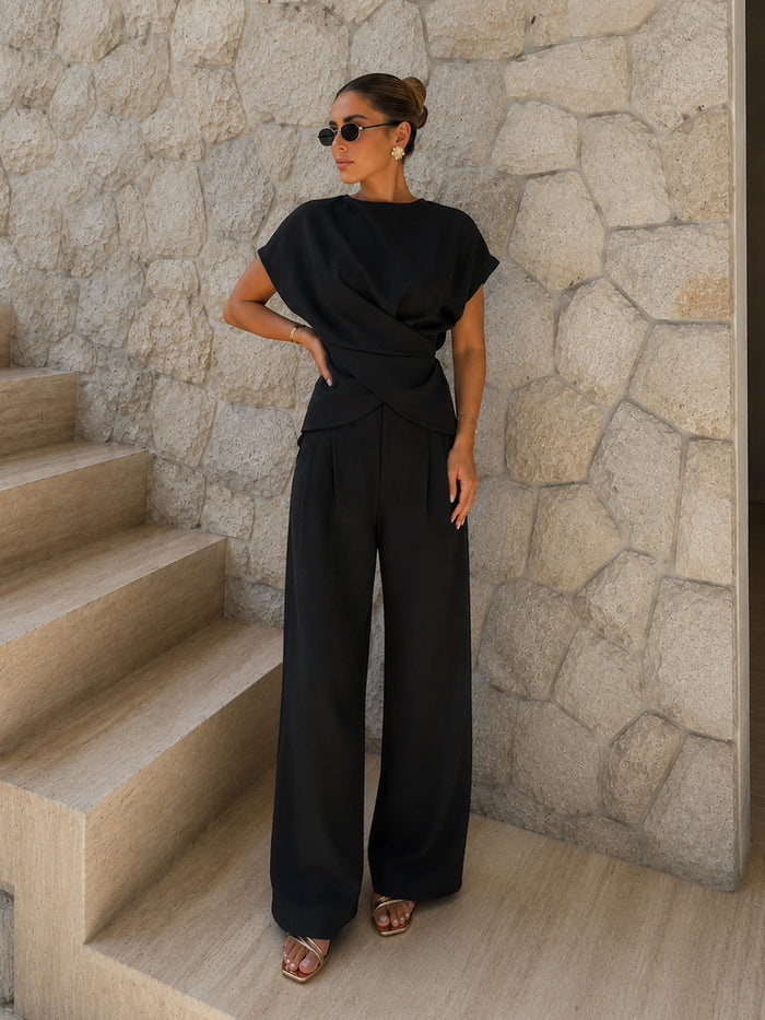 Tie-Back Satin Top & Pleated Pants Set for Elegant Evening Wear