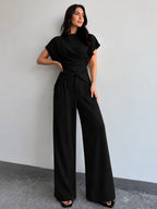 Tie-Back Satin Top & Pleated Pants Set for Elegant Evening Wear