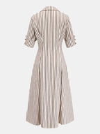 Roll Sleeve Striped Shirt Midi Dress with Belt and Pockets