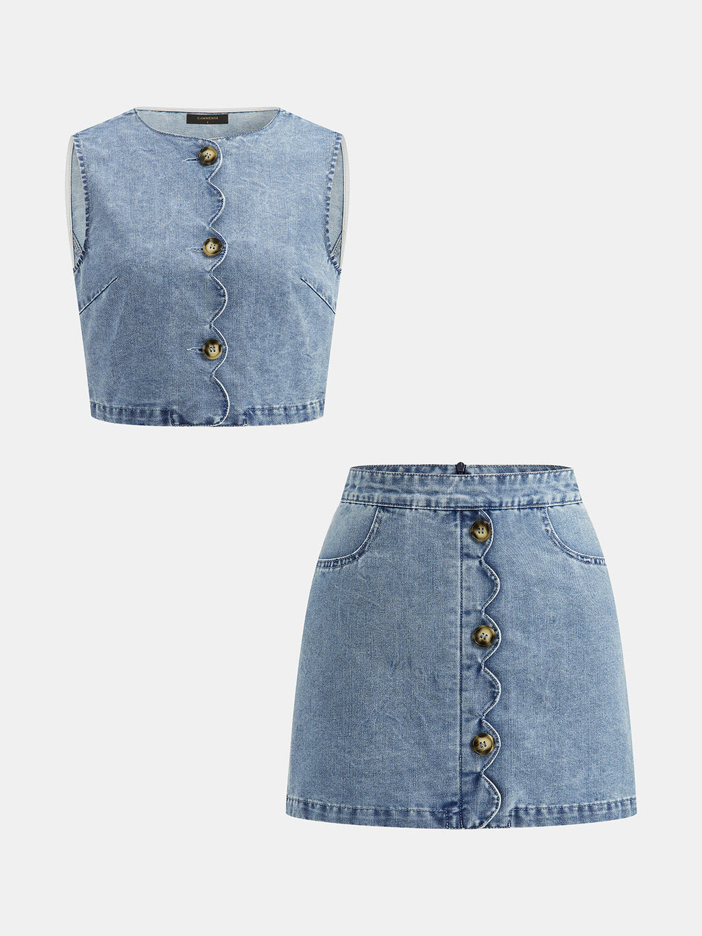Scallop Edge Denim Two Piece Skirt Set Women's Fashion Outfit