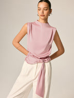 Draped Satin Tie Waist Sleeveless Blouse Elegant V-Neck Summer Top