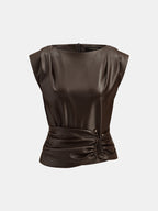 Faux Leather Ruched Waist Top with Elegant Detailing