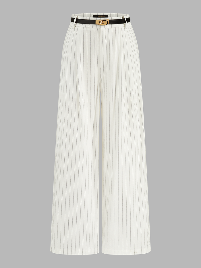 Belted Striped Cotton Linen Wide Leg Pants for Women Comfort Fit