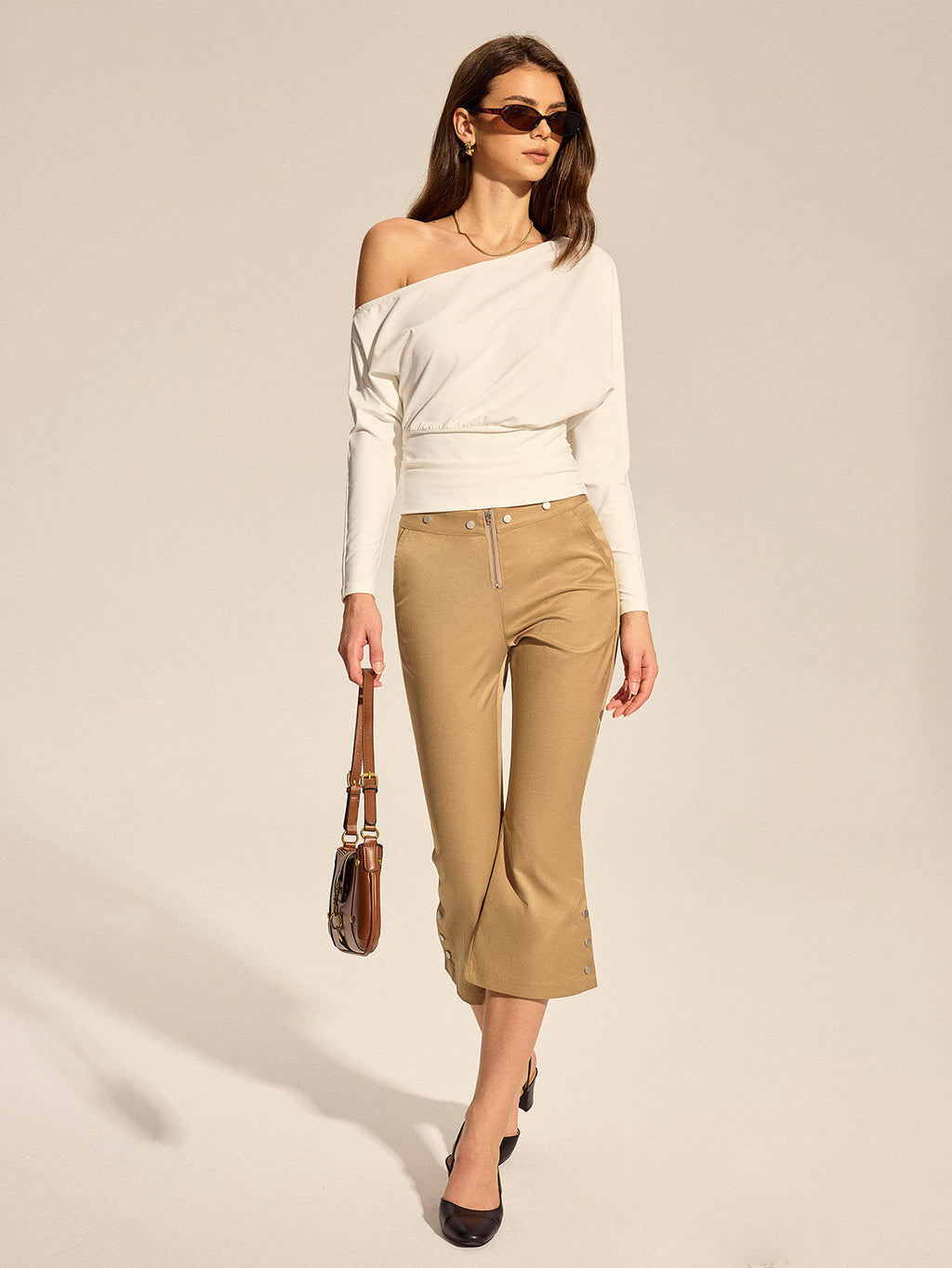 Off Shoulder Ruched Waist Long Sleeve Top Elegant Casual Blouse