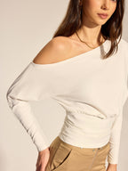 Off Shoulder Ruched Waist Long Sleeve Top Elegant Casual Blouse