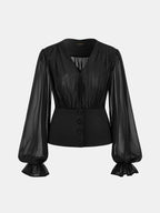 Sheer Puff Sleeve V-Neck Blouse for Women Elegant Casual Tops