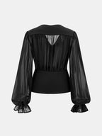 Sheer Puff Sleeve V-Neck Blouse for Women Elegant Casual Tops