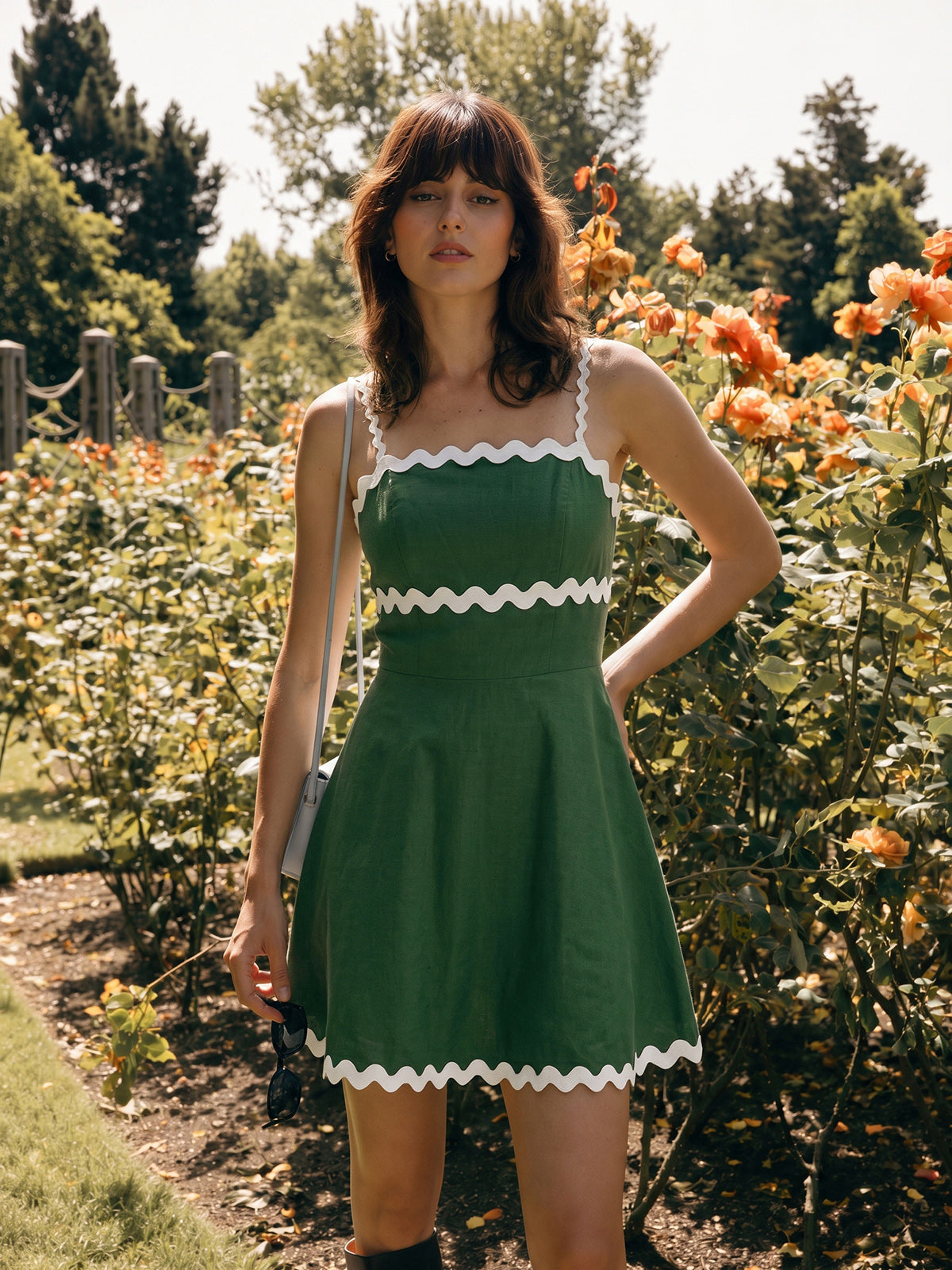 Rickrack Trim Cotton Linen Cami Mini Dress Women's Summer Casual