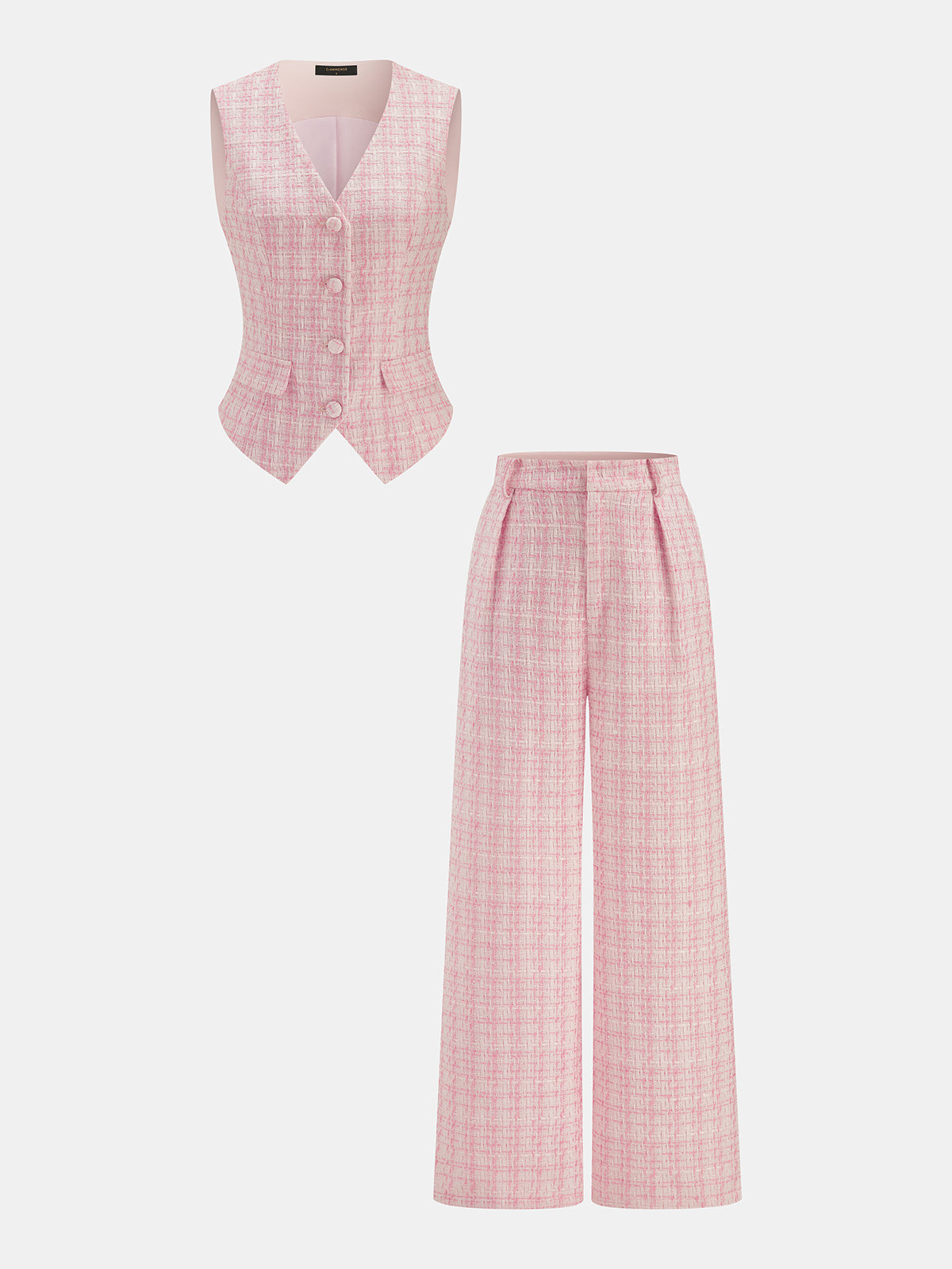 Textured Check Two Piece Pants Set with Belted Waist