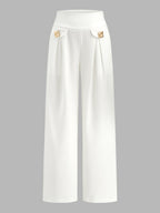 Decorative Hardware Mid Waist Straight Pants for Women Office Wear